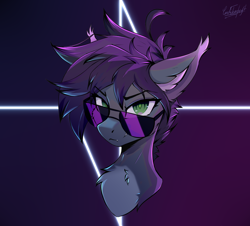 Size: 1668x1506 | Tagged: safe, artist:cmdrtempest, derpibooru import, oc, oc only, oc:maxine morris, bat pony, pony, bust, female, glasses, gradient background, looking at you, mare, neon, solo