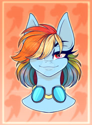 Size: 1024x1393 | Tagged: safe, artist:darklordmonte, derpibooru import, rainbow dash, pegasus, pony, g4, bust, cutie mark background, deviantart watermark, female, goggles, hair over one eye, mare, obtrusive watermark, portrait, signature, smiling, solo, watermark, wingding eyes