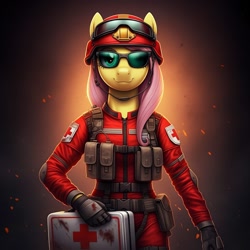 Size: 1024x1024 | Tagged: safe, ai content, derpibooru import, machine learning generated, fluttershy, anthro, g4, clothes, cosplay, costume, female, first aid kit, g.i. joe, generator:google imagen 3.0, gradient background, helmet, lifeline, medic, prompter:zerowinger, rescue trooper, smiling, solo, sunglasses