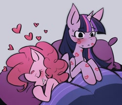 Size: 1024x877 | Tagged: safe, artist:ronron___milk, derpibooru import, pinkie pie, twilight sparkle, twilight sparkle (alicorn), alicorn, earth pony, pony, g4, bed, bedroom, blanket, blushing, duo, duo female, eyes closed, female, gray background, grin, heart, kiss mark, lesbian, lipstick, mare, shipping, simple background, sleeping, smiling, twinkie