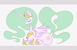 Size: 1896x1237 | Tagged: safe, artist:noupu, derpibooru import, princess celestia, alicorn, pony, g4, eyes closed, female, green-mane celestia, letterboxing, lying down, mare, partially open wings, pinklestia, prone, simple background, solo, white background, wings