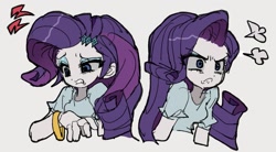 Size: 1365x754 | Tagged: safe, artist:jwnn_, derpibooru import, part of a set, rarity, equestria girls, g4, angry, angry rarity, bangles, blouse, blue eyes, blue eyeshadow, bust, colored sclera, cutie mark accessory, cutie mark hair accessory, duality, emanata, eye clipping through hair, eyebrows, eyebrows visible through hair, eyeshadow, female, frown, gray sclera, grimacing, grossed out, hair accessory, light skin, long hair, makeup, pouting, purple hair, rarity is not amused, shiny hair, shrunken pupils, simple background, solo, thick eyelashes, unamused, white background