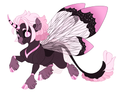 Size: 3500x2700 | Tagged: safe, artist:gigason, derpibooru import, oc, oc only, oc:bonbonniere, changepony, hybrid, adoptable, brown coat, butterfly wings, carapace, cloven hooves, coat markings, colored eyebrows, colored hooves, colored horn, colored pinnae, colored wings, curved horn, ear fluff, ears, eye clipping through hair, eye markings, facial markings, female, gradient hooves, hooves, horn, hybrid oc, insect wings, interspecies offspring, leonine tail, long tail, looking back, magical lesbian spawn, male, male oc, multicolored wings, obtrusive watermark, offspring, parent:oc, parent:oc:silver stain, parent:oc:zelus, pink eyes, pink mane, pink sclera, pink tail, raised hoof, raised leg, shiny hooves, shiny horn, short mane, simple background, smiling, snip (coat marking), socks (coat marking), solo, standing, standing on one leg, striped horn, tail, tail fluff, three quarter view, three toned mane, three toned tail, transparent background, transparent wings, unicorn horn, unshorn fetlocks, wall of tags, watermark, white pupils, wing markings, wings