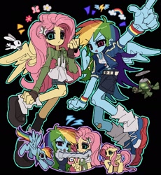 Size: 2000x2170 | Tagged: safe, artist:jwnn_, derpibooru import, angel bunny, fluttershy, rainbow dash, tank, human, pegasus, pony, rabbit, tortoise, equestria girls, g4, animal, bandaid, belt, black background, blue coat, blue skin, bomber jacket, butterfly hairpin, cardigan, clothes, colored sclera, cutie mark accessory, cutie mark hair accessory, cutie mark on clothes, dress, duo focus, emanata, exposed belly, eye clipping through hair, eyebrows, eyebrows visible through hair, eyelashes, eyeshadow, female, fingerless gloves, flutterdash, flying, frown, gloves, goggles, gray sclera, group, hair accessory, hairclip, high res, hug, human ponidox, jacket, leg warmers, lesbian, long arms, long hair, long legs, looking at you, magenta eyes, makeup, mary janes, midriff, multicolored hair, multicolored tail, open mouth, open smile, outline, peace sign, pink eyeshadow, pink hair, pink mane, pink tail, platform shoes, pointing, pointing up, ponied up, propeller, quartet, rainbow hair, rainbow tail, raised arm, raised hoof, raised leg, self paradox, self ponidox, shiny hair, shipping, shoes, shorts, shorts under skirt, simple background, skirt, slender, smiling, sneakers, spread wings, standing, standing on three hooves, sundress, sweatband, tail, teal eyes, thick eyelashes, thin, thin arms, thin legs, tongue, tongue out, varsity jacket, wall of tags, wings, wristband, yellow coat, yellow skin