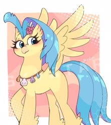 Size: 1809x2048 | Tagged: safe, artist:leo19969525, derpibooru import, princess skystar, hippogriff, g4, female, jewelry, necklace, passepartout, seashell, seashell necklace, solo, spread wings, wings