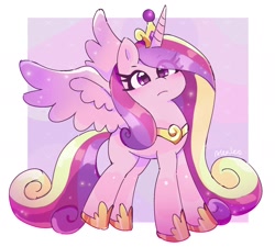 Size: 1874x1686 | Tagged: safe, artist:leo19969525, derpibooru import, princess cadance, alicorn, pony, g4, :c, crown, eye clipping through hair, female, frown, hair over one eye, jewelry, looking at you, mare, passepartout, peytral, regalia, solo, sparkly mane, spread wings, wings