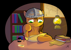 Size: 3508x2480 | Tagged: safe, artist:bluishdraft, derpibooru import, oc, oc only, oc:leafhelm, earth pony, pony, bag, book, bookshelf, compass, helmet, inkwell, lantern, map, saddle bag, solo