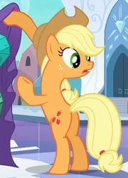 Size: 338x470 | Tagged: safe, derpibooru import, screencap, applejack, earth pony, pony, g4, season 3, the crystal empire, applebutt, applejack is best facemaker, applejack's hat, bipedal, butt, clothes, cowboy hat, cropped, crystal empire, cute, female, hat, head turn, jackabetes, lifting, looking at someone, looking back, mare, offscreen character, solo, tarp