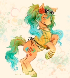 Size: 1170x1313 | Tagged: safe, artist:lutraviolet, derpibooru import, earth pony, pony, abstract background, bead necklace, blush lines, blushing, body jewelry, brazil, brazilian miku, butt fluff, clothes, coat markings, colored belly, colored eartips, colored eyebrows, colored hooves, ear piercing, earring, eyelashes, female, flower, flower on ear, freckles, gradient mane, gradient tail, green hooves, hatsune miku, hibiscus, hooped earrings, hooves, jewelry, leg fluff, lidded eyes, long mane, long tail, looking back, mare, multicolored mane, multicolored tail, necklace, open mouth, open smile, orange coat, pale belly, pale muzzle, piercing, pigtails, ponified, profile, rearing, reference used, shiny hooves, shirt, signature, smiling, socks (coat marking), species swap, striped mane, striped tail, sunglasses, sunglasses on head, t-shirt, tail, torn ear, twintails, unshorn fetlocks, vocaloid