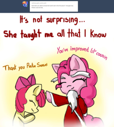 Size: 1280x1425 | Tagged: safe, artist:arielsbx, derpibooru import, apple bloom, pinkie pie, earth pony, pony, ask little applebloom, beard, facial hair