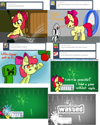 Size: 1866x2332 | Tagged: safe, artist:arielsbx, derpibooru import, apple bloom, earth pony, pony, apple bloom's bow, ask little applebloom, bow, counter-strike: global offensive, crate, creeper, grenade, hair bow, portal (valve), solitaire