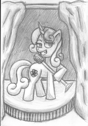 Size: 1188x1697 | Tagged: safe, artist:rosa ushiromiya, derpibooru import, sweetie belle, pony, unicorn, female, horn, looking at you, mare, microphone, older, older sweetie belle, scenery, smiling, smiling at you, traditional art