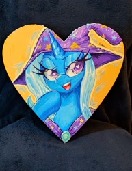 Size: 2256x2927 | Tagged: safe, artist:floralshitpost, derpibooru import, trixie, pony, unicorn, canvas, eyelashes, gem, hat, heart, heart eyes, horn, lidded eyes, painting, photo, smug, traditional art, wingding eyes