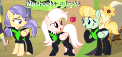 Size: 1280x598 | Tagged: safe, artist:vi45, derpibooru import, oc, oc only, pegasus, pony, clothes, female, mare, screencap background, trio, trio female, uniform, washouts uniform