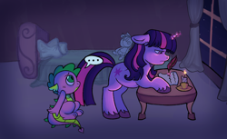 Size: 1502x918 | Tagged: safe, artist:kreeeeeez, derpibooru import, smarty pants, spike, twilight sparkle, unicorn twilight, dragon, pony, unicorn, g4, baby, baby spike, bed, candle, duo, duo male and female, ears, female, filly, filly twilight sparkle, floppy ears, foal, horn, male, pillow, quill, table, window, wingless spike, writing, younger