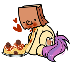 Size: 1060x938 | Tagged: safe, artist:paperbagpony, derpibooru import, oc, oc only, oc:paper bag, eating, fake cutie mark, food, pasta, simple background, solo, spaghetti, white background