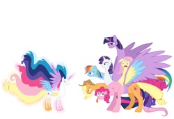 Size: 640x439 | Tagged: safe, artist:veryinsecureperson, derpibooru import, applejack, fluttershy, pinkie pie, rainbow dash, rarity, twilight sparkle, alicorn, hydra, pegasus, pony, seraph, seraphicorn, unicorn, g4, appleflaritwidashpie, applejack's hat, clothes, colored wings, cowboy hat, ethereal mane, female, folded wings, freckles, fused, fusion, fusion:applejack, fusion:fluttershy, fusion:pinkie pie, fusion:rainbow dash, fusion:rarity, fusion:twilight sparkle, glowing, glowing hooves, glowing horn, glowing mane, hat, horn, hydra pony, mane six, multicolored wings, multiple wings, open mouth, simple background, six heads, spread wings, tongue, tongue out, wat, what has magic done, what has science done, white background, wings