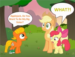 Size: 1840x1412 | Tagged: safe, artist:memeartboi, derpibooru import, apple bloom, applejack, earth pony, pony, g4, adopted, adopted sister, adoption, alternate universe, applejack's hat, chatting, child, clothes, colt, cowboy hat, darwin watterson, discussion, female, filly, foal, hat, male, mare, ponified, shocked, shocked expression, shocked eyes, sister, socks, species swap, standing, surprised, talking, the amazing world of gumball, theory, trio