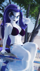 Size: 2160x3840 | Tagged: safe, artist:artempredator, derpibooru import, rarity, anthro, unicorn, 3d, bikini, blender, blender cycles, breasts, clothes, commission, glasses, horn, legs, solo, swimming pool, swimsuit, water