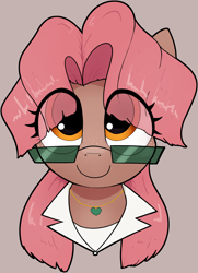 Size: 2032x2801 | Tagged: safe, artist:whiskeypanda, derpibooru import, oc, oc only, oc:rummy cup, earth pony, pony, brown coat, bust, clothes, cute, earth pony oc, eye clipping through hair, eyelashes, female, freckles, fringe, jewelry, looking up, necklace, ocbetes, orange eyes, pink mane, smiling, solo, suit, sunglasses