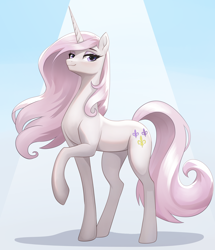 Size: 2420x2808 | Tagged: safe, artist:sierraex, derpibooru import, fleur-de-lis, pony, unicorn, g4, female, horn, long legs, mare, raised hoof, raised leg, shading, slender, solo, spotlight, tall, thin, windswept mane