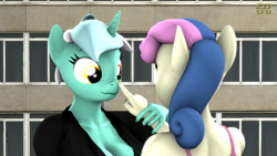 Size: 3840x2160 | Tagged: safe, artist:zgsfm, derpibooru import, bon bon, lyra heartstrings, sweetie drops, anthro, 3d, boop, build, cloth, duo, duo female, female, finger, nuzzling