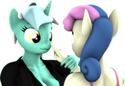 Size: 2937x2017 | Tagged: safe, artist:zgsfm, derpibooru import, bon bon, lyra heartstrings, sweetie drops, anthro, 3d, boop, build, cloth, duo, duo female, female, finger, nuzzling, simple background, transparent background