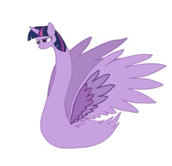 Size: 1105x1069 | Tagged: safe, artist:veryinsecureperson, derpibooru import, twilight sparkle, twilight sparkle (alicorn), alicorn, bird, bird pone, pony, swan, g4, female, long neck, simple background, solo, species swap, spread wings, wat, what has magic done, what has science done, white background, wings