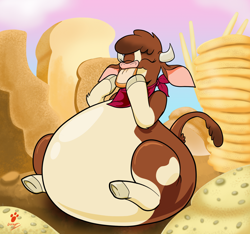 Size: 1572x1474 | Tagged: safe, artist:duragan, derpibooru import, arizona cow, cow, them's fightin' herds, belly, bloated, bottom heavy, bread, breadsticks, cao, community related, eating, fat, female, food, overeating, pancakes, pear shaped, scone, sitting, smiling, stuffed, stuffing, wheat