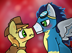 Size: 2732x2048 | Tagged: safe, artist:felixmcfurry, derpibooru import, braeburn, soarin', pegasus, pony, blush lines, blushing, catchlights, clothes, digital art, duo, embarrassed, eye contact, gay, goggles, goggles on head, green eyes, hat, imminent kissing, looking at each other, looking at someone, male, shading, ship:soarburn, shipping, smiling, smirk, stallion, uniform, wonderbolts uniform