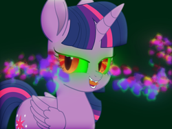 Size: 1440x1080 | Tagged: safe, artist:k. dale, derpibooru import, twilight sparkle, twilight sparkle (alicorn), alicorn, pony, dark background, dark magic, female, forked tongue, glowing, glowing eyes, magic, mare, movie accurate, red eyes, simple background, solo, sombra eyes, tongue, tongue out