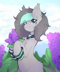 Size: 2540x3056 | Tagged: safe, artist:asusya, derpibooru import, oc, oc only, pony, clothes, collar, colored sketch, female, flower, halfbody, heart, looking at you, mare, pony oc, sketch, smiling, smiling at you, socks, striped socks