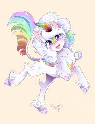 Size: 1250x1618 | Tagged: safe, artist:nekoshiei, derpibooru import, oc, oc only, oc:cloudy canvas, kirin, cheerful, commission, cute, female, looking at you, multicolored hair, multicolored tail, simple background, smiling, smiling at you, solo, tail, white coat