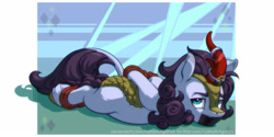 Size: 1600x800 | Tagged: safe, artist:gor1ck, derpibooru import, oc, oc only, oc:silver brook, kirin, pony, arm behind back, bondage, bound and gagged, commission, gag, hooves behind back, horn, horn ring, lying down, magic suppression, male, passepartout, prone, ring, rope, rope bondage, ropes, solo, tape, tape gag, ych result