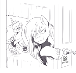 Size: 1339x1294 | Tagged: safe, artist:nauyaco, derpibooru import, princess luna, oc, pony, bed, do not disturb, door, duo, duo male and female, female, imminent sex, male, monochrome, simple background, stallion, undressing, unshorn fetlocks, white background