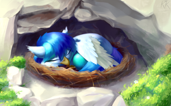 Size: 2000x1236 | Tagged: safe, artist:ktk's sky, derpibooru import, oc, oc only, oc:radiant mote, classical hippogriff, hippogriff, cave, egg, eyes closed, female, flower, grass, nest, rock, sleeping, solo, wings