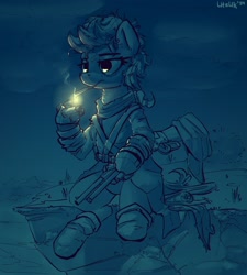 Size: 1800x2000 | Tagged: safe, artist:uteuk, derpibooru import, oc, oc only, earth pony, cap, cigarette, cliff, female, gun, hat, lighter, mare, robotic arm, sad, sleepy, smoking, weapon, winchester