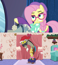 Size: 1280x1440 | Tagged: safe, derpibooru import, edit, edited screencap, screencap, discord, fluttershy, discordant harmony, fake it 'til you make it, g4, alternate hairstyle, bling, clothes, coat hangers, cover up, discoshy, dress, female, glasses, hat, hipstershy, jewelry, male, necklace, pants, pants down, rapper, scarf, shipping, shipping domino, straight, sunglasses, underwear, waistband, woke