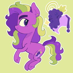 Size: 5000x5000 | Tagged: safe, derpibooru import, oc, oc only, oc:grapevine (pilesofmiles), earth pony, pony, big eyes, colored eyebrows, curly hair, curly mane, cutie mark, ear piercing, earring, eyebrows, freckles, green background, hoof fluff, jewelry, long mane male, looking back, male, male oc, mole, multicolored hair, multicolored mane, multicolored tail, outline, piercing, ponysona, profile, purple coat, purple eyes, simple background, smiling, solo, stallion, stallion oc, tail, thick eyebrows, wavy mane