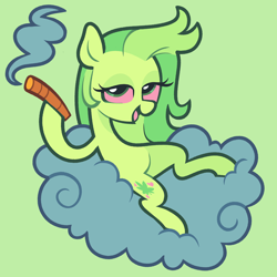 Size: 5000x5000 | Tagged: safe, derpibooru import, oc, oc only, oc:cannabliss, earth pony, pony, blunt, cloud, colored sclera, green coat, green eyes, green mane, high, hoof hold, lidded eyes, looking at you, lying down, on a cloud, pink sclera, sitting, sitting on cloud, smiling, smiling at you, smoking, solo, tail, two toned mane, two toned tail