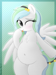 Size: 3016x4032 | Tagged: safe, artist:rainbowšpekgs, derpibooru import, oc, oc only, oc:river chime, pegasus, pony, g4, :p, belly, belly button, bipedal, blush lines, blushing, chest fluff, chubby, cute, eyelashes, female, fupa, gray eyes, headband, jingle bells, mare, one eye closed, patterned background, pegasus oc, shoulder fluff, solo, spread wings, standing, three toned mane, three toned tail, tongue, tongue out, white coat, wings, wink