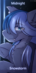 Size: 2000x4035 | Tagged: safe, artist:snowstormbat, derpibooru import, oc, oc:midnight snowstorm, bat pony, pony, ear piercing, earring, fangs, fluffy, jewelry, looking back, male, piercing, solo, stallion, text