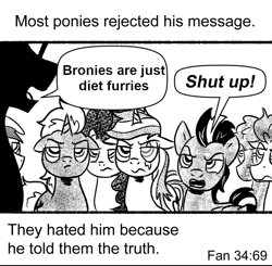 Size: 840x824 | Tagged: safe, artist:pony-berserker edits, derpibooru import, edit, pinkie pie, oc, oc only, oc:shadowed ember, oc:silver sickle, oc:slipstream, earth pony, pony, unicorn, annoyed, blind in one eye, chick tract, denial, dialogue, drama bait, eye scar, facial scar, female, frown, jack chick, male, mare, meme template, scar, scowl, silhouette, speech bubble, stallion, talking, telling lies, text, truth, unnamed character, unnamed oc, yelling