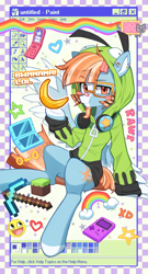 Size: 2046x3776 | Tagged: safe, artist:astralblues, derpibooru import, oc, oc:solstice breeze, pony, banana, clothes, food, gir, glasses, headphones, hoodie, invader zim, minecraft, pickaxe, solo