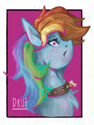 Size: 1946x2593 | Tagged: safe, artist:druf, artist:druf_draws, derpibooru import, rainbow dash, pegasus, pony, angry, blushing, collar, commission open, digital art, embarrassed, head turn, looking at you, multicolored hair, pink eyes, rainbow hair, simple background, sketch