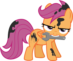 Size: 3570x3000 | Tagged: safe, artist:cloudy glow, derpibooru import, scootaloo, pegasus, pony, g4, cutealoo, female, feminism, filly, foal, grease, mechanic, scootasass, simple background, solo, transparent background, vector, wrench