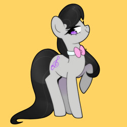 Size: 1750x1750 | Tagged: safe, artist:vivian reed, derpibooru import, octavia melody, earth pony, pony, g4, bangs, bowtie, eye clipping through hair, eyelashes, female, heart, heart eyes, lidded eyes, looking at you, looking down, looking down at you, mare, octavia's bowtie, profile, raised hoof, raised leg, signature, simple background, smiling, smiling at you, solo, standing, wingding eyes, yellow background