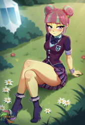 Size: 2496x3648 | Tagged: safe, ai content, derpibooru import, machine learning generated, sour sweet, human, equestria girls, g4, blurry background, clothes, feet, freckles, grass, hair bun, logo, prompter:trux23, relaxing, sitting, socks, solo, stocking feet