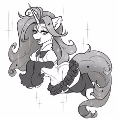 Size: 2369x2476 | Tagged: safe, artist:opalacorn, derpibooru import, oc, oc only, pony, unicorn, black and white, cheek fluff, ear fluff, ears, female, grayscale, horn, lidded eyes, mare, monochrome, open mouth, open smile, simple background, smiling, solo, sparkles, white background