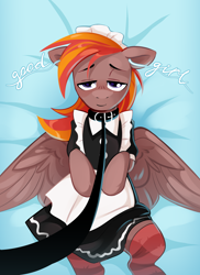 Size: 2480x3412 | Tagged: safe, artist:anotherdeadrat, derpibooru import, oc, oc only, oc:coma, pegasus, brainwashed, clothes, collar, crossdressing, hypnosis, leash, maid, male, pegasus oc, solo